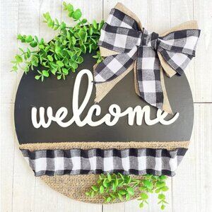 Handmade Hanging Plaid Eucalyptus Farmhouse Circular Welcome Sign for Front Door